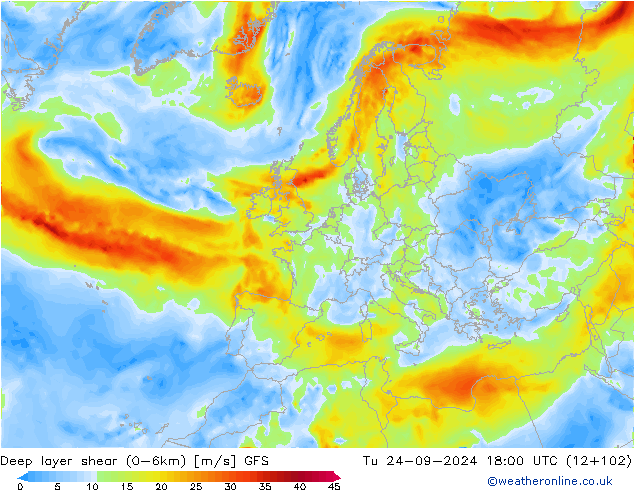 Deep layer shear (0-6km) GFS Út 24.09.2024 18 UTC