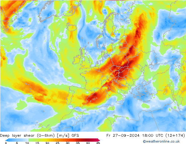 Deep layer shear (0-6km) GFS Pá 27.09.2024 18 UTC