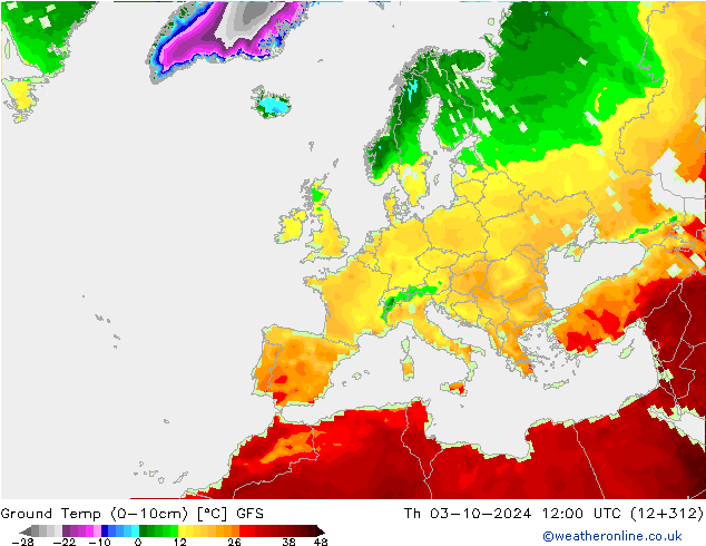 Temp. gruntu (0-10cm) GFS czw. 03.10.2024 12 UTC