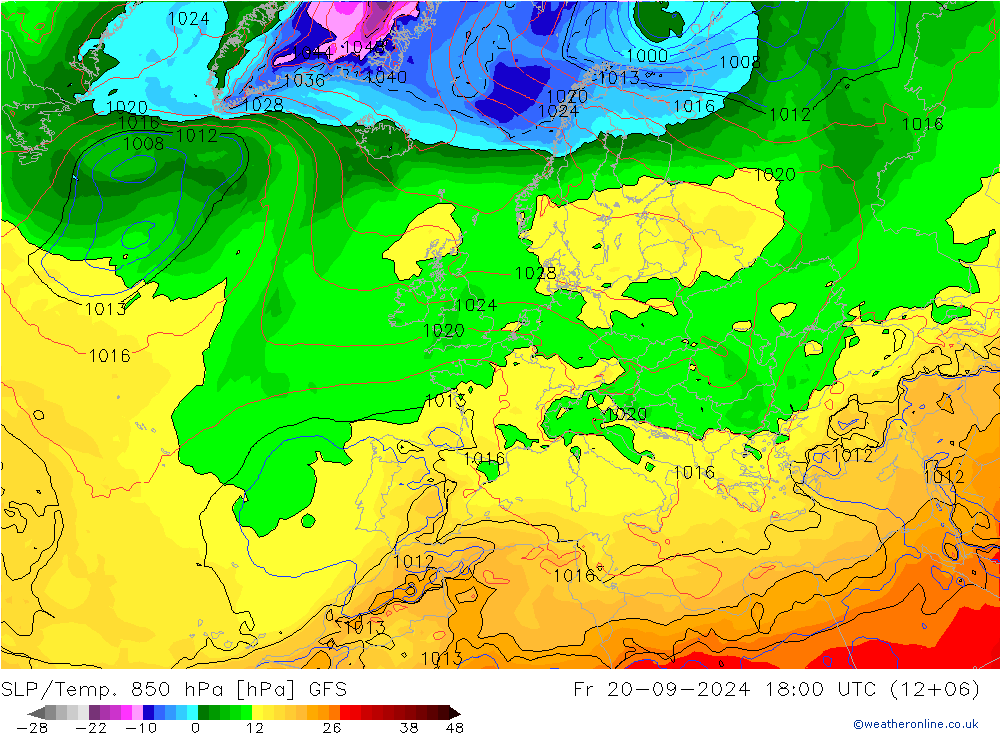 SLP/Temp. 850 hPa GFS Fr 20.09.2024 18 UTC