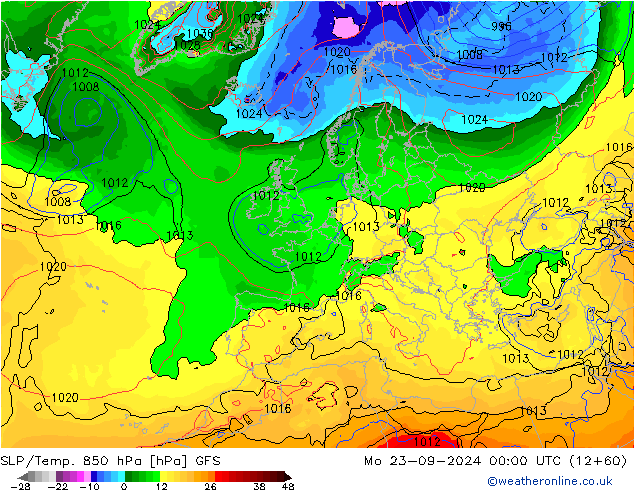 SLP/Temp. 850 hPa GFS pon. 23.09.2024 00 UTC