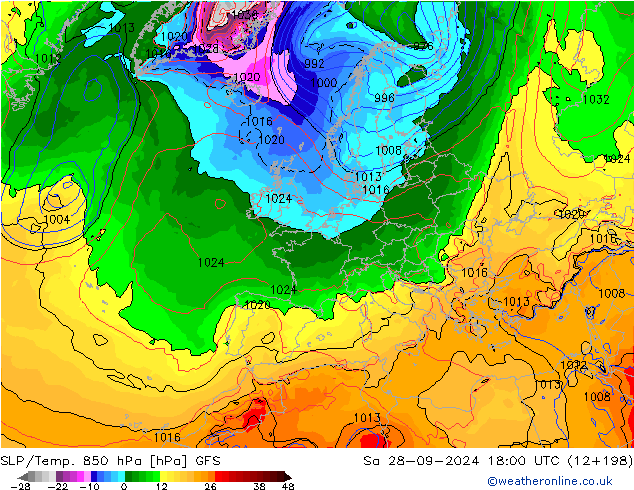 SLP/Temp. 850 hPa GFS Sa 28.09.2024 18 UTC