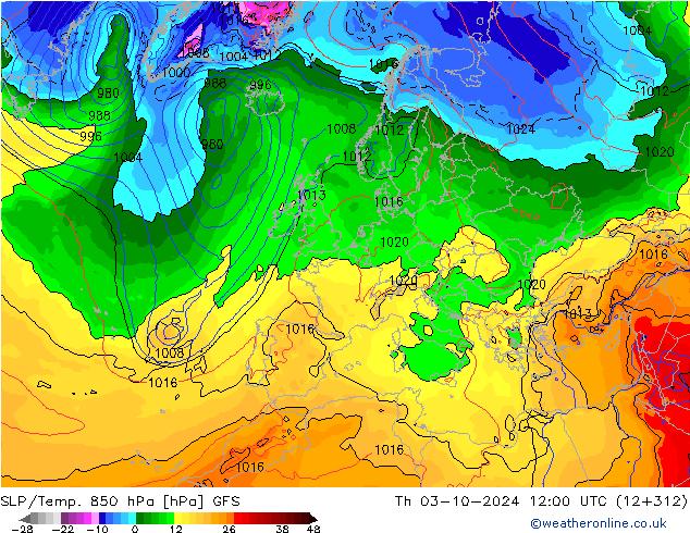 SLP/Temp. 850 hPa GFS Th 03.10.2024 12 UTC