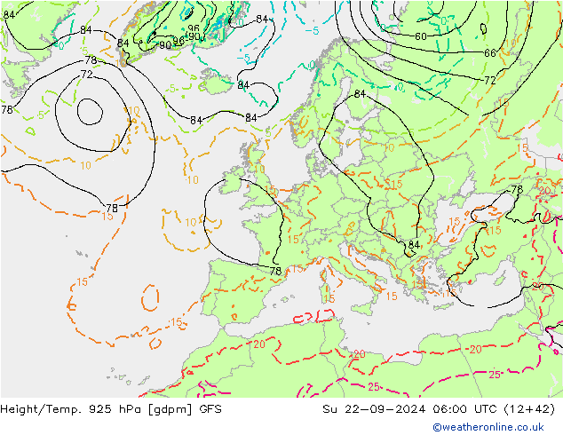 Hoogte/Temp. 925 hPa GFS zo 22.09.2024 06 UTC