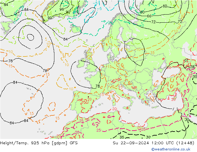 Height/Temp. 925 hPa GFS Dom 22.09.2024 12 UTC