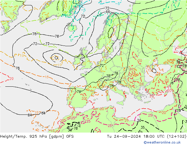 Height/Temp. 925 hPa GFS Di 24.09.2024 18 UTC