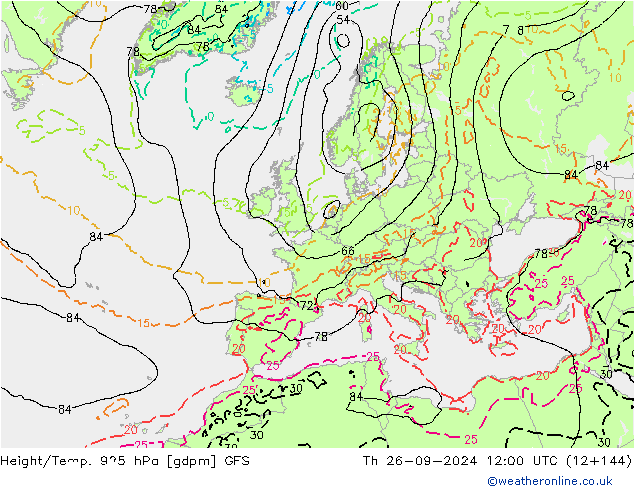 Height/Temp. 925 hPa GFS czw. 26.09.2024 12 UTC