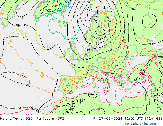 Yükseklik/Sıc. 925 hPa GFS Cu 27.09.2024 12 UTC