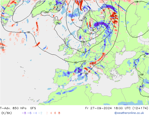 T-Adv. 850 hPa GFS ven 27.09.2024 18 UTC