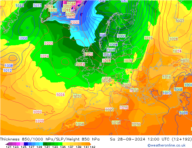 Espesor 850-1000 hPa GFS sáb 28.09.2024 12 UTC