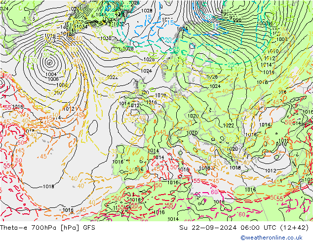 Theta-e 700hPa GFS Su 22.09.2024 06 UTC