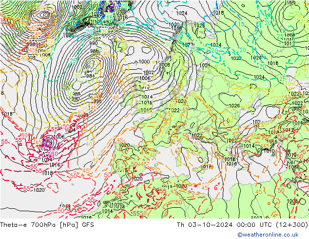 Theta-e 700hPa GFS Do 03.10.2024 00 UTC