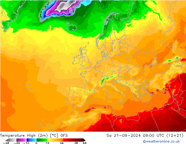 Temp. massima (2m) GFS sab 21.09.2024 09 UTC