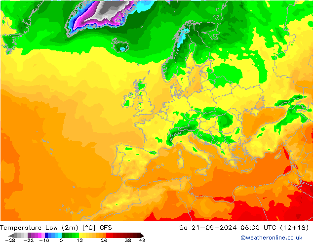 Nejnižší teplota (2m) GFS So 21.09.2024 06 UTC