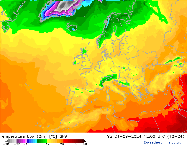 Temperature Low (2m) GFS Sa 21.09.2024 12 UTC