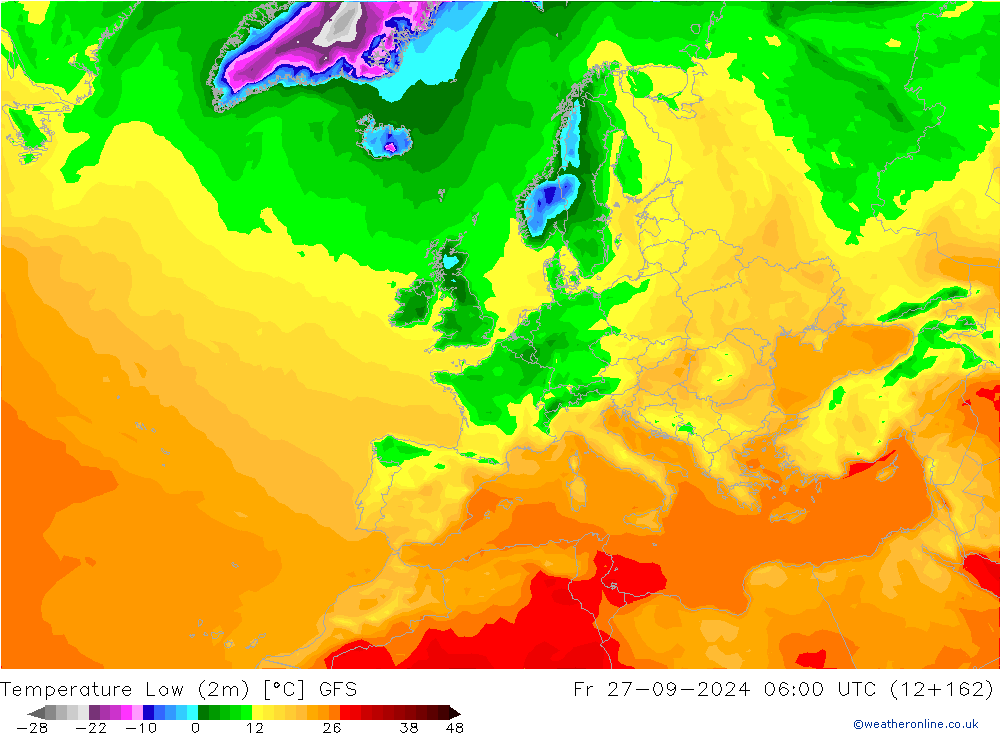 Min.temperatuur (2m) GFS vr 27.09.2024 06 UTC