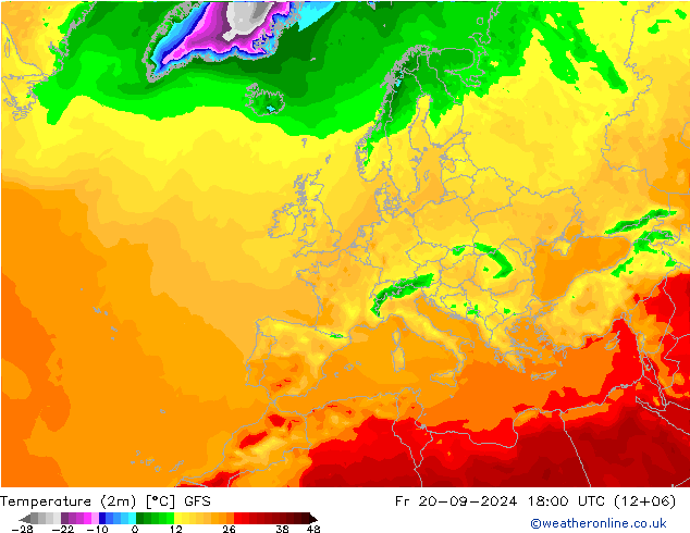 Temperaturkarte (2m) GFS Fr 20.09.2024 18 UTC