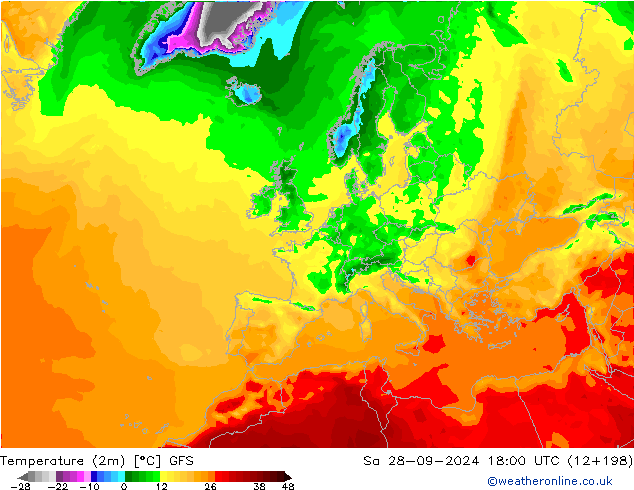 Temperature (2m) GFS Sa 28.09.2024 18 UTC