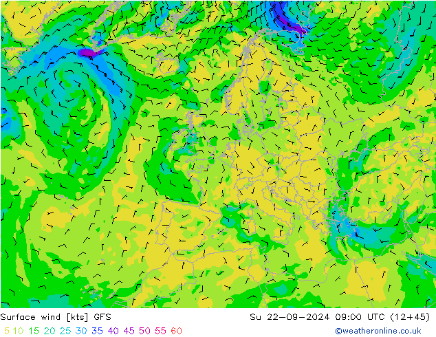 Wind 10 m GFS zo 22.09.2024 09 UTC