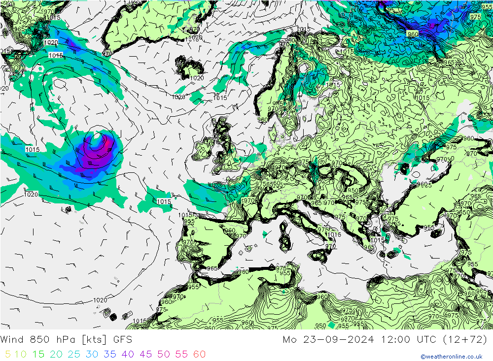 Rüzgar 850 hPa GFS Pzt 23.09.2024 12 UTC