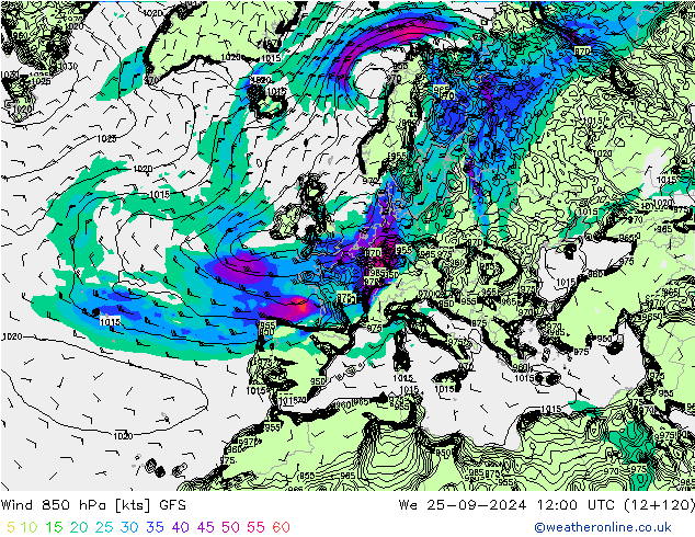 Rüzgar 850 hPa GFS Çar 25.09.2024 12 UTC