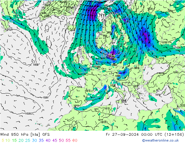 Wind 950 hPa GFS Fr 27.09.2024 00 UTC