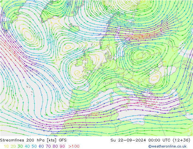 Streamlines 200 hPa GFS Su 22.09.2024 00 UTC