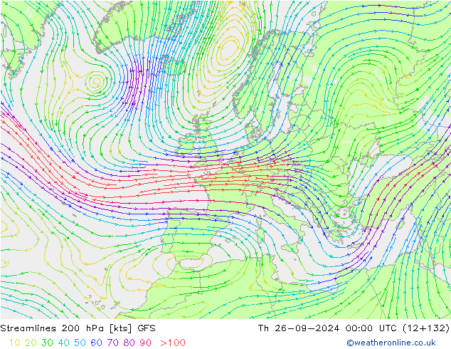 Linea di flusso 200 hPa GFS gio 26.09.2024 00 UTC