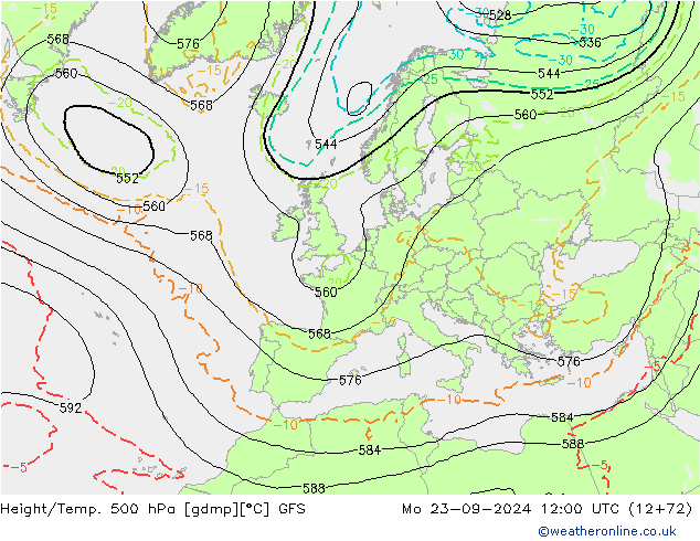 Z500/Rain (+SLP)/Z850 GFS lun 23.09.2024 12 UTC