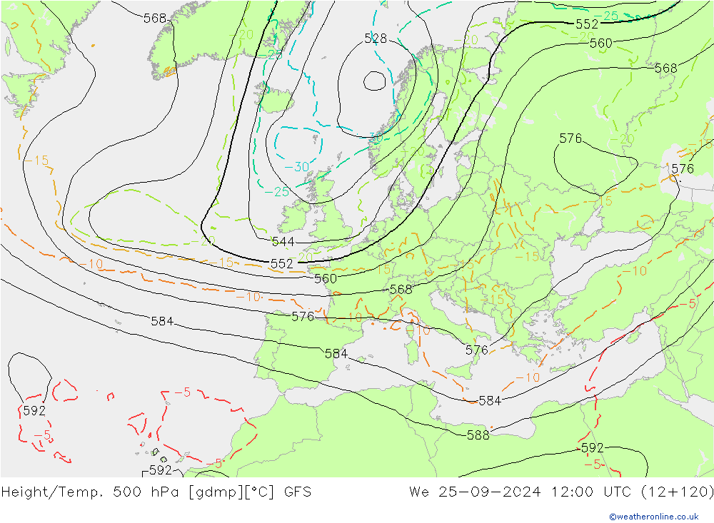 Z500/Rain (+SLP)/Z850 GFS Mi 25.09.2024 12 UTC