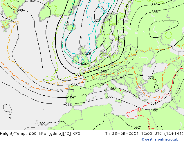 Z500/Rain (+SLP)/Z850 GFS  26.09.2024 12 UTC