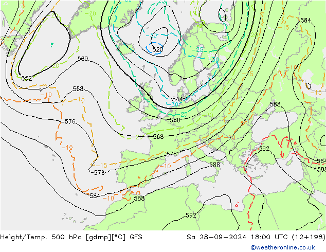 Height/Temp. 500 hPa GFS Sa 28.09.2024 18 UTC