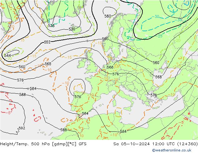 Z500/Rain (+SLP)/Z850 GFS Sa 05.10.2024 12 UTC