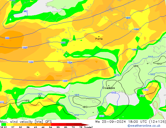 Max. wind velocity GFS śro. 25.09.2024 18 UTC