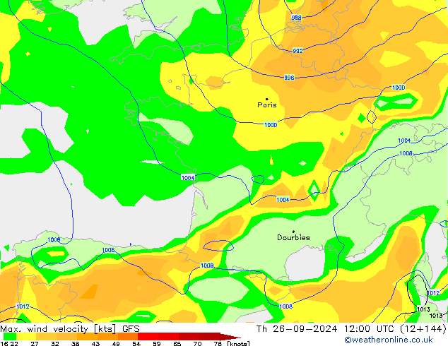 Max. wind velocity GFS чт 26.09.2024 12 UTC