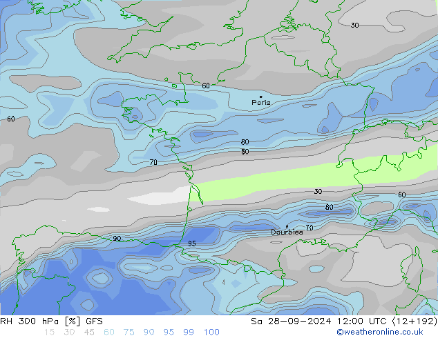 RH 300 hPa GFS Sa 28.09.2024 12 UTC