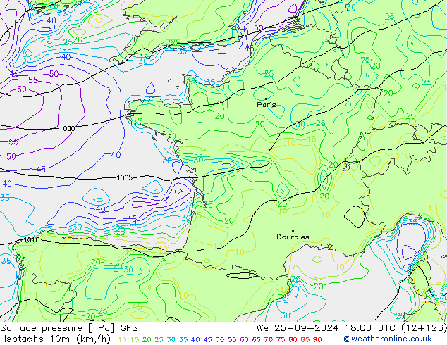 Isotachs (kph) GFS mer 25.09.2024 18 UTC