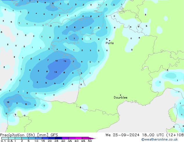 Totale neerslag (6h) GFS wo 25.09.2024 00 UTC