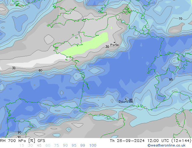 RH 700 hPa GFS Qui 26.09.2024 12 UTC