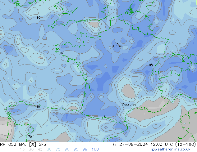 Humidité rel. 850 hPa GFS ven 27.09.2024 12 UTC