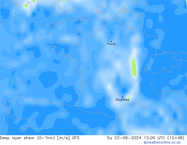 Deep layer shear (0-1km) GFS So 22.09.2024 12 UTC