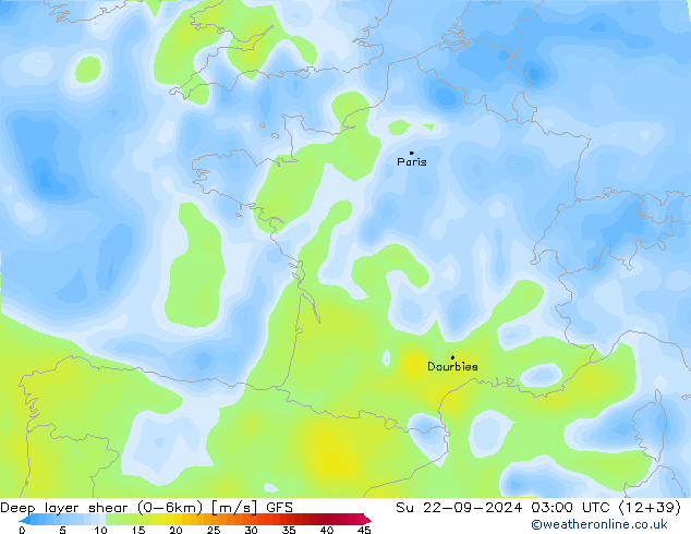 Deep layer shear (0-6km) GFS  22.09.2024 03 UTC