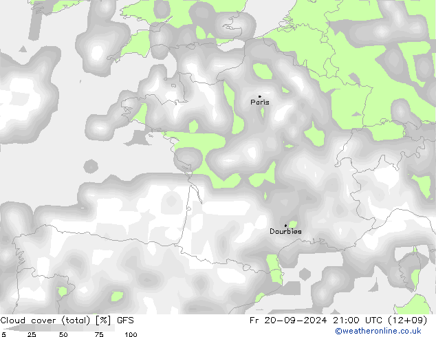 Cloud cover (total) GFS Fr 20.09.2024 21 UTC