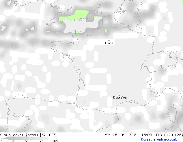 zachmurzenie (suma) GFS śro. 25.09.2024 18 UTC