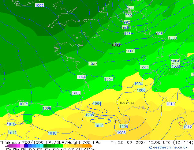 Thck 700-1000 hPa GFS Qui 26.09.2024 12 UTC