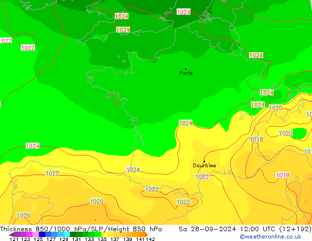 Dikte 850-1000 hPa GFS za 28.09.2024 12 UTC