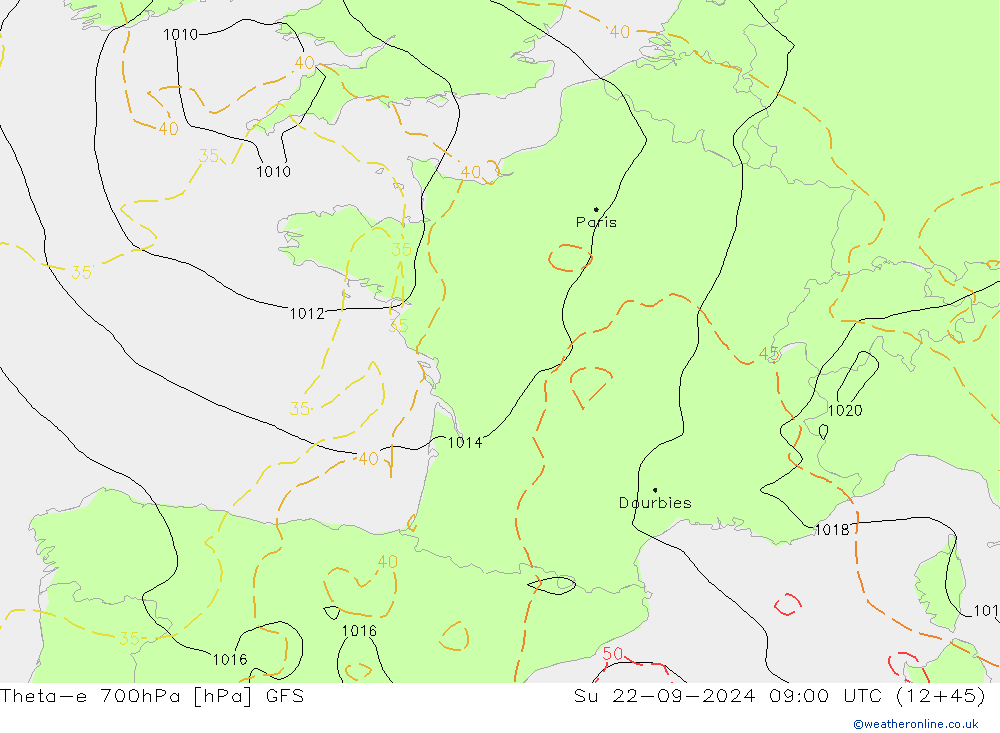 Theta-e 700hPa GFS Su 22.09.2024 09 UTC