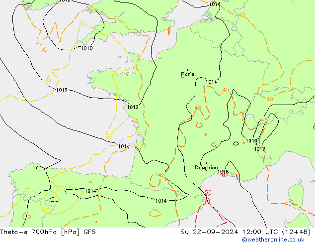 Theta-e 700hPa GFS Dom 22.09.2024 12 UTC