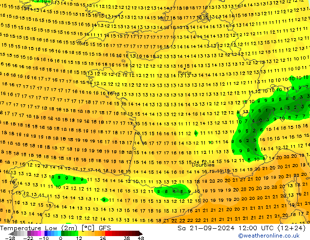 Temperature Low (2m) GFS Sa 21.09.2024 12 UTC