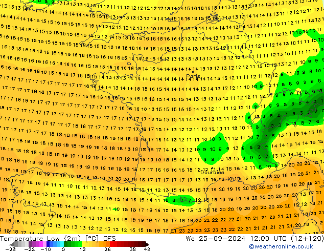 Nejnižší teplota (2m) GFS St 25.09.2024 12 UTC